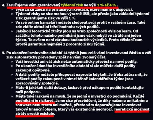 Jak si Webet4you / Backoffice4you protiřečí - nejdříve garantuje zisk a následně tvrdí, že může dojít ke ztrátě.