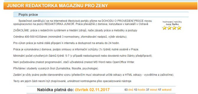 Inzerát od Juraje Štefku na stejnou pracovní pozici, a tedy junior redaktorka magazínu pro ženy.