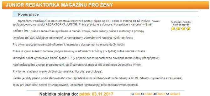 Inzerát od Vojtěcha Nováka na pracovní pozici junior redaktorka magazínu.