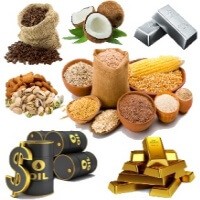 Ilustrační obrázek některých obchodovatelných komodit, jako je zlato, ropa, káva atd.