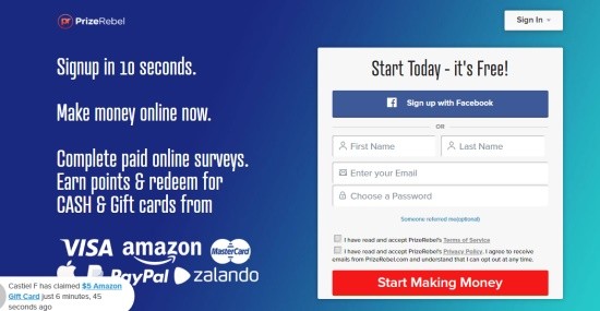 Úvodní stránka společnosti Prizerebel.com, která slibuje jednoduché online vydělávání.