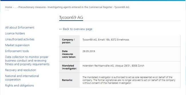 Vyšetřování projektu Tycoon69 švýcarským dohledem nad finančním trhem FINMA.