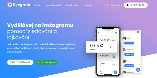 Úvodní stránka Likegramu na níž je napsáno - vydělávej na Instagramu pomocí sledování a lajkování.