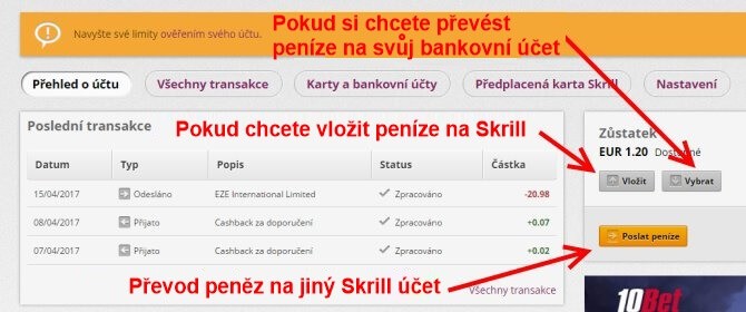 Názorná ukázka, jak vybrat peníze ze Skrill a poslat je na bankovní účet.