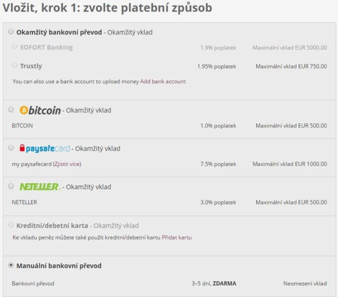 Návod, jak vložit peníze na váš účet. Na obrázku je několik metod.