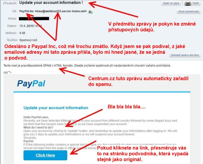 Jak vypadá Phishing e-mail v praxi. Fotka zprávy, v níž mě podvodníci vybízejí ke změně přihlašovacích údajů.