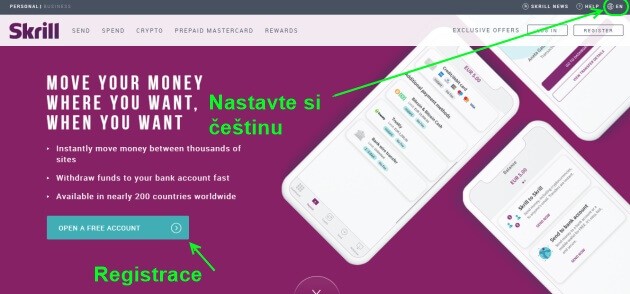 Jak vypadá úvodní stránka Skrill a kde se dají najít registrační a přihlašovací tlačítka.