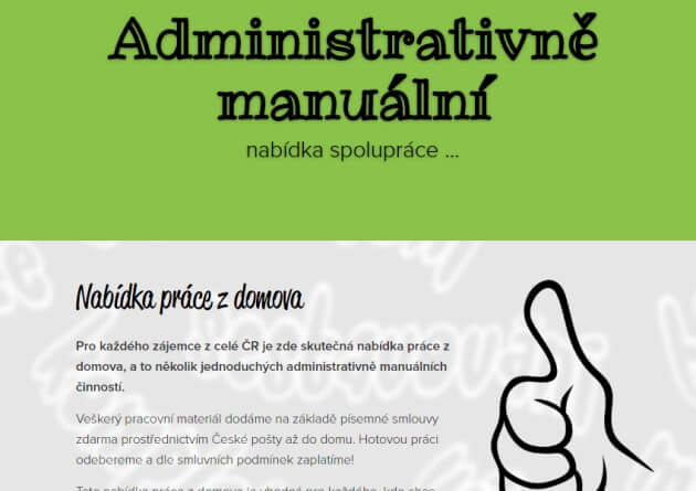 Úvodní stránka webu nabidka-prace.webnode.cz, který nabízí administrativně manuální práce z domu.