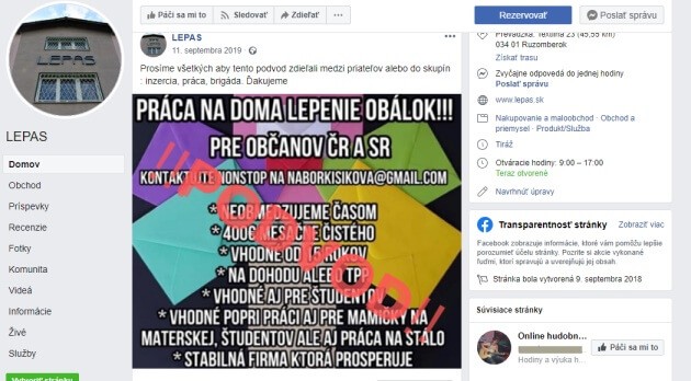 Lepas s.r.o. upozorňuje na své FB stránce, že jde o podvod.