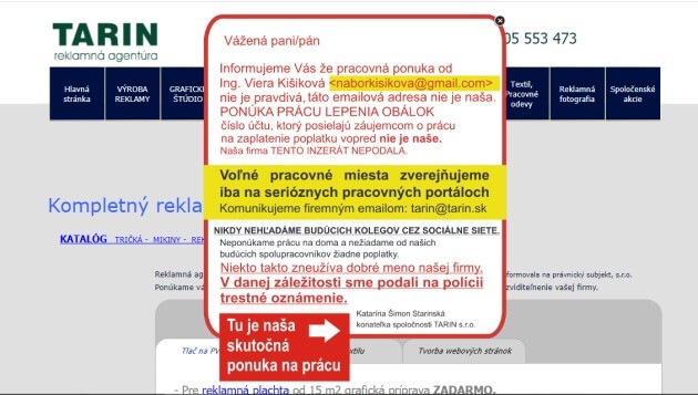 Reklamní agentura Tarin s.r.o na své stránce tarin.sk upozorňuje na podvod.