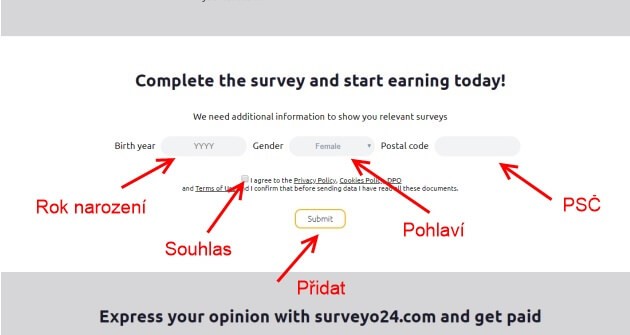 Vyplňte pár osobních údajů - pohlaví, rok narození atd.