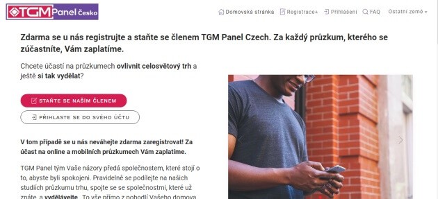 Úvodní stránka TGM Panel Česko, kde se můžete zaregistrovat.