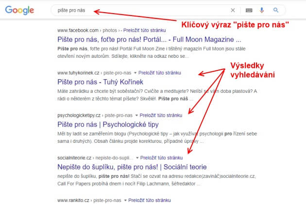 Do Google vyhledávače napište klíčové slovo, například "pište pro nás".