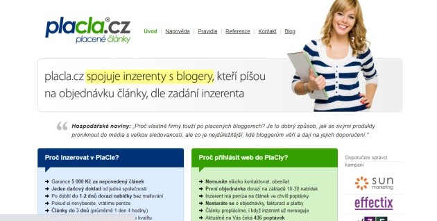 Placla.cz spojuje inzerenty s blogery.