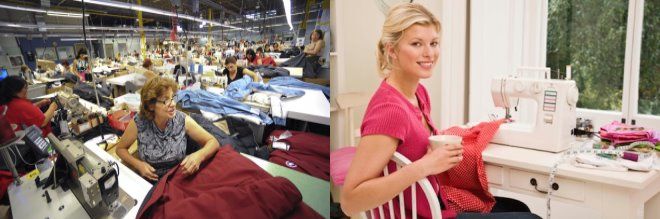 Vlevo jsou švadleny, šičky a vyšívačky pracující v továrně, vpravo obrázek ženy, která pracuje doma.