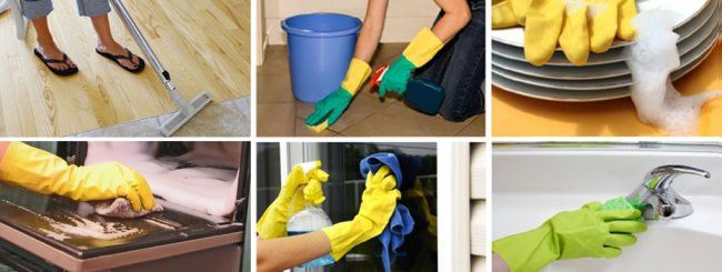 Druhy domácích prací - vysávání, mytí podlah a talířů, utírání prachu a čištění.