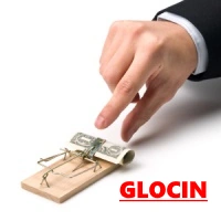 Na obrázku je ruka a past s penězi, která symbolizuje to, že Glocin je podvod.