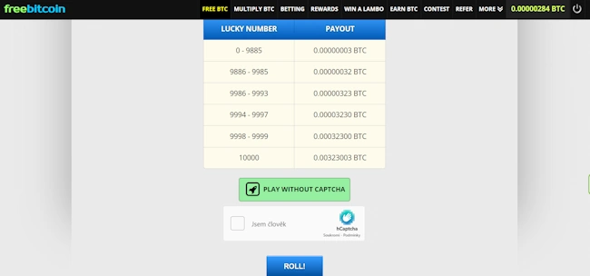Rolovat můžete každou hodinu. Získat můžete minimálně 0,0000003 BTC.